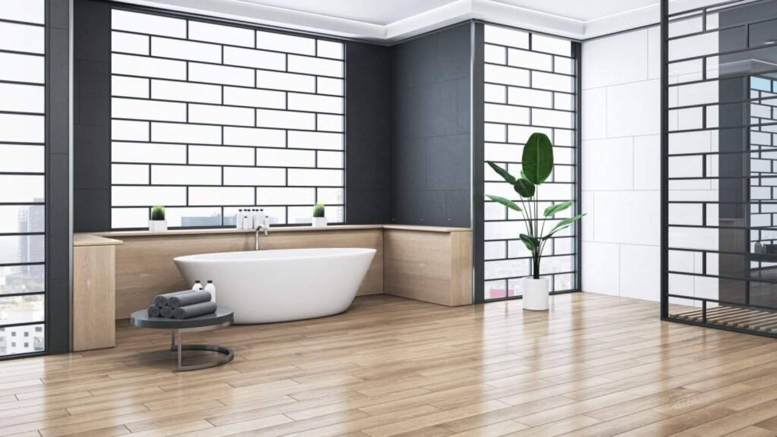 Clean bathroom interior with bathtub, abstract windows and reflections on wooden flooring. 3D Rendering