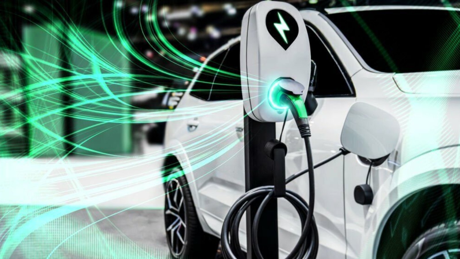 EV charging station for electric car in concept of green energy and eco power produced from sustainable source to supply to charger station in order to reduce CO2 emission .